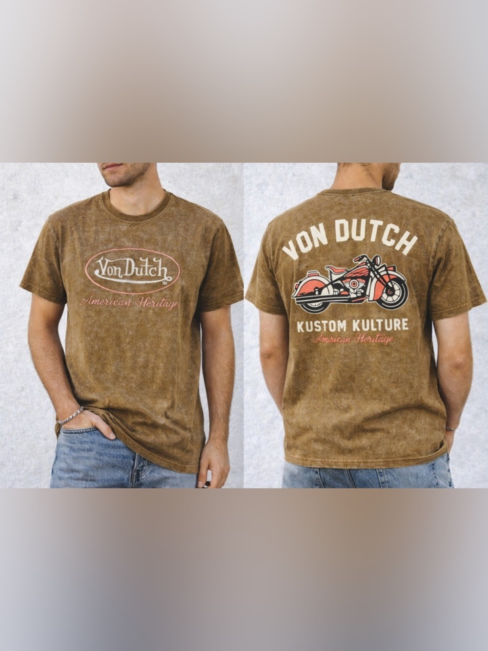 Von Dutch Brown Acid Wash Tee L Motorcycle Graphic Y2K Streetwear